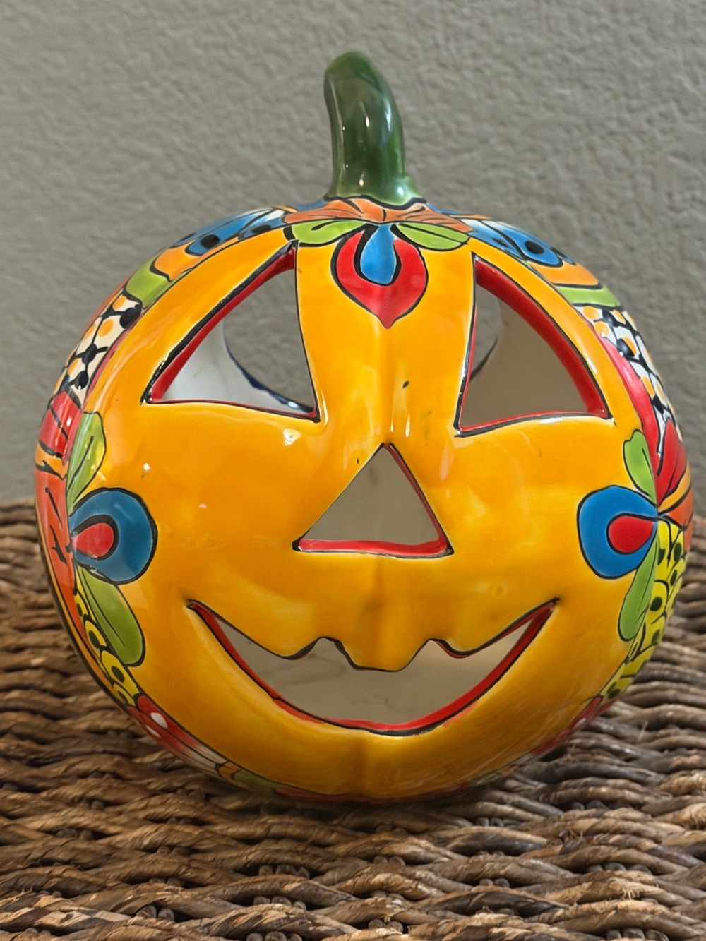 Talavera Pumpkin Luminaria Large – Hand Painted Mexican Jack O Lantern Decor